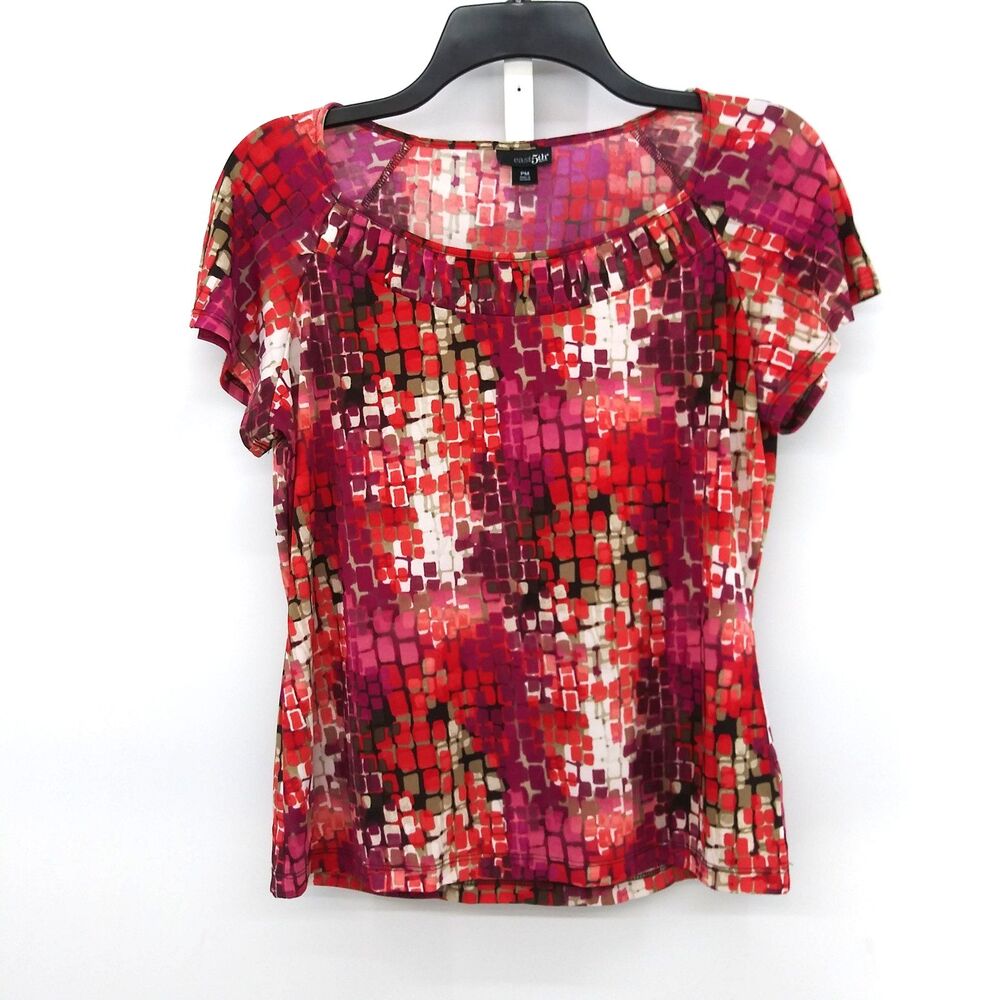 East 5th Blouse Women Size PM Red Geometric Embellished Collar Short Sleeve Top